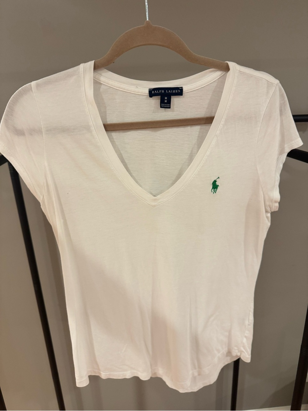 Ralph Lauren White V-Neck Tee with Green Pony Logo